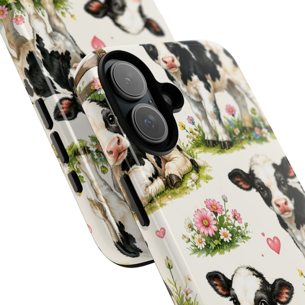 Cute Calf Pattern Phone Case – Pastel Cow Hearts & Flowers Protective Cover