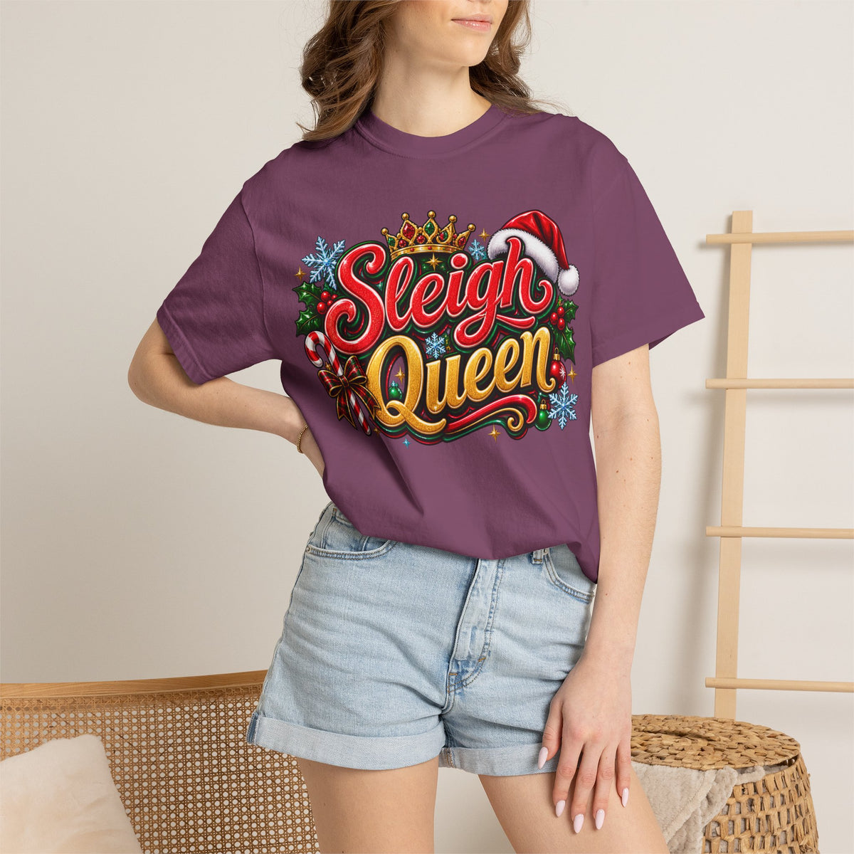 Sleigh Queen T-Shirt — Festive Christmas Holiday Tee with Santa Hat & Candy Cane Design