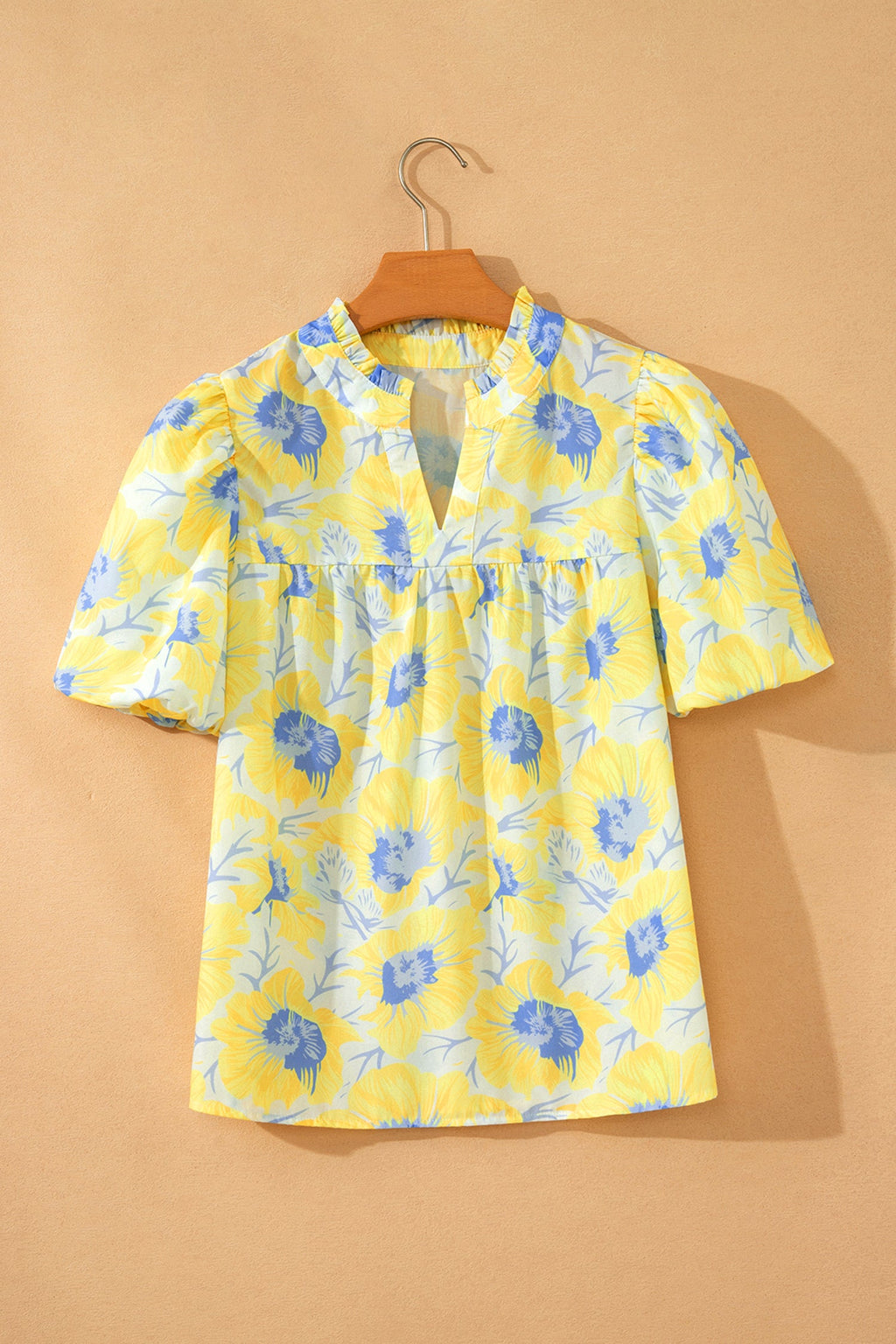 Floral Frilled V-Neck Bubble Sleeve Babydoll Blouse