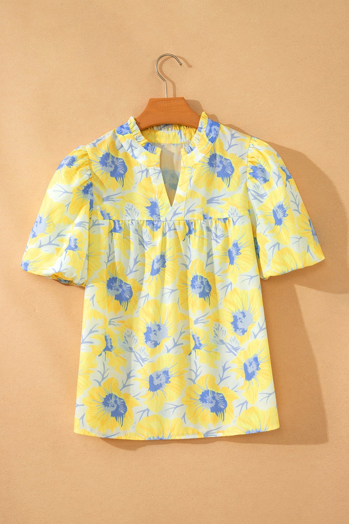 Floral Frilled V-Neck Bubble Sleeve Babydoll Blouse