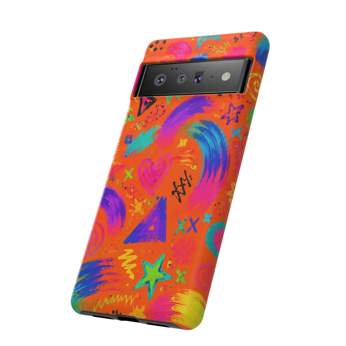 Colorful Neon Doodle Phone Case — Bright Abstract Stars & Hearts Tough Case