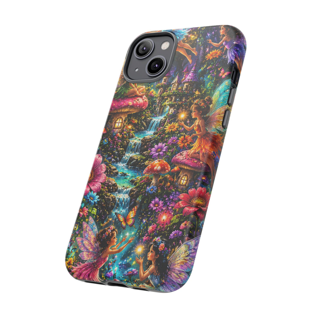 Fairy Garden Tough Phone Case — Whimsical Cottage, Waterfall & Mushroom Artwork