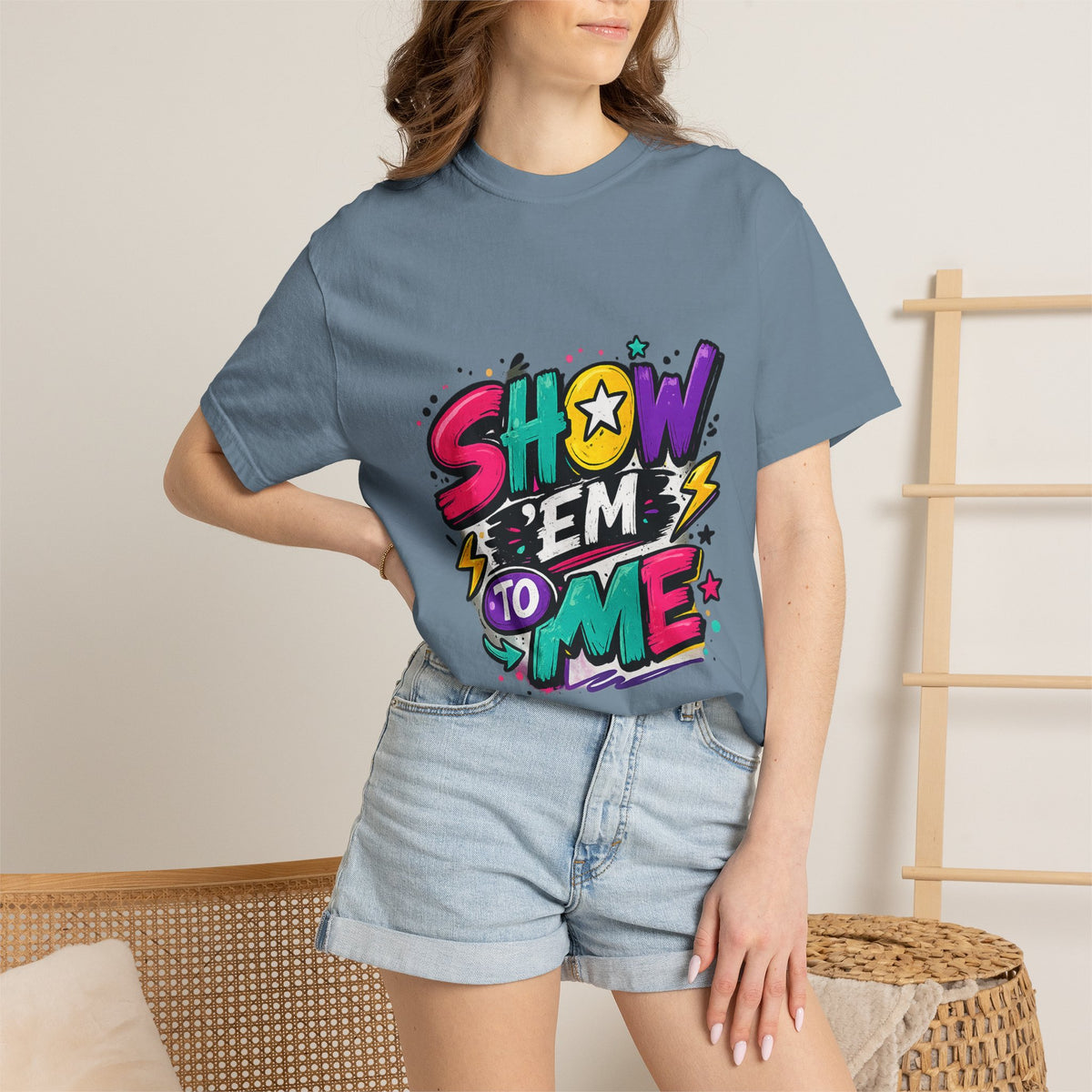 Show 'Em to Me bold pop art design T-shirt | colorful graphic tee