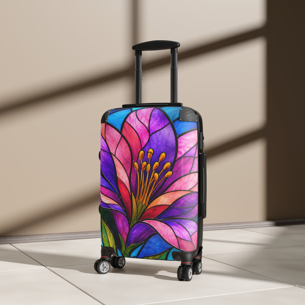 Floral Stained Glass Carry-On Suitcase — Vibrant Pink & Purple Travel Luggage