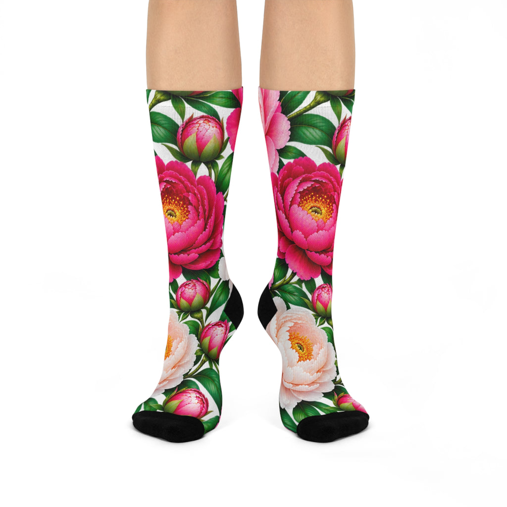 Floral Peony Crew Socks — Cushioned Pink & White Bloom Socks