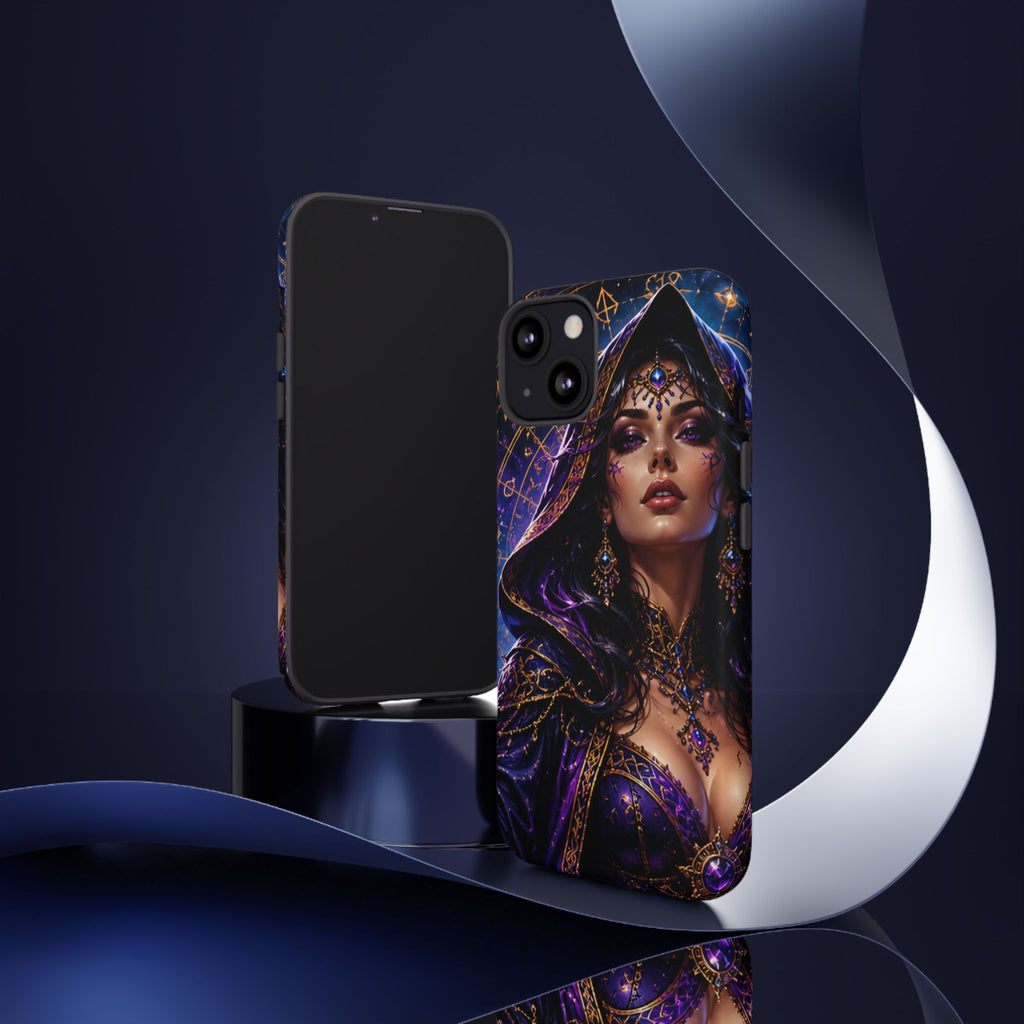 Phone Case — Mystical Sorceress Art Protective Tough Case (Astrology, Purple Hooded Witch)