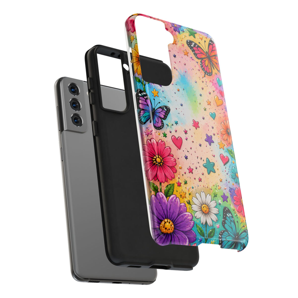 Colorful Butterflies and Flowers Tough Phone Case | Rainbow Hearts Stars