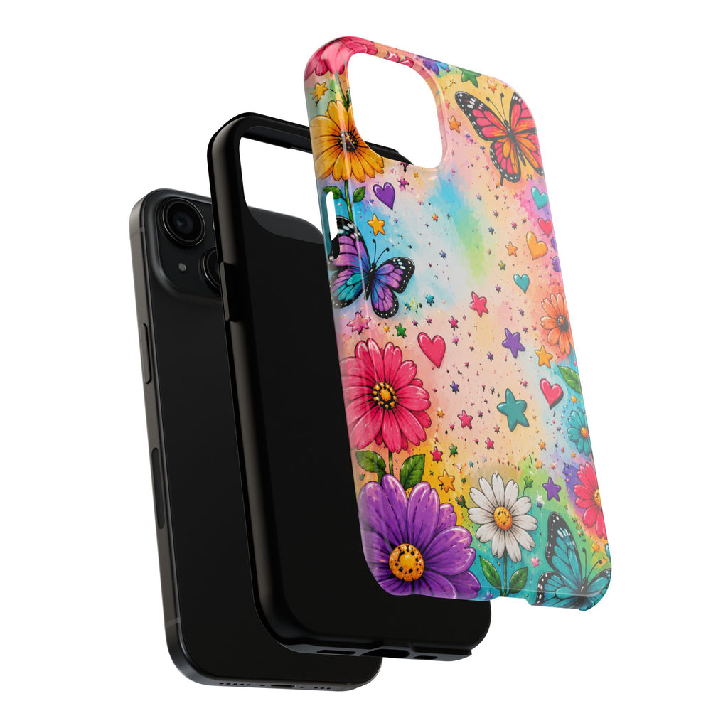 Colorful Butterflies and Flowers Tough Phone Case | Rainbow Hearts Stars
