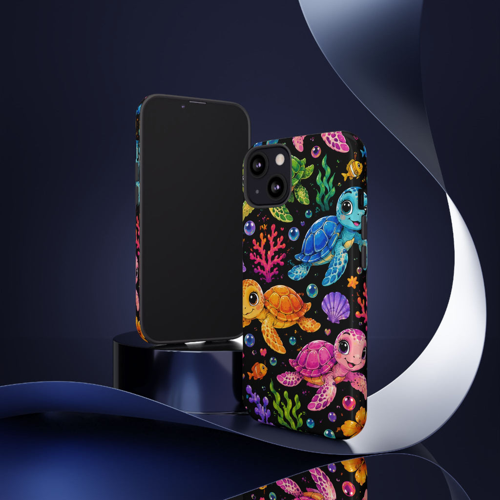 Phone Case — Colorful Cute Sea Turtles on Black (Protective Smartphone Cover)