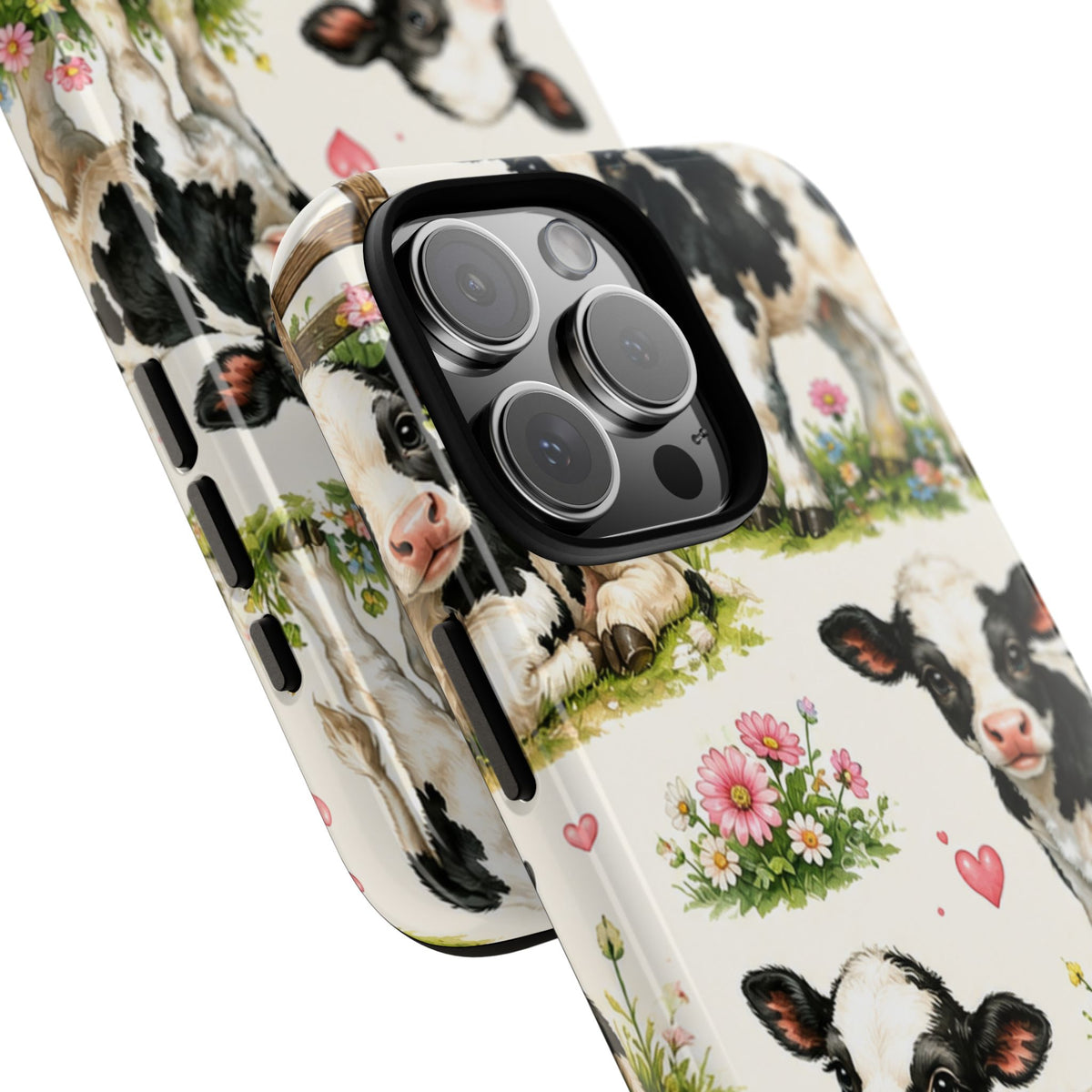 Cute Calf Pattern Phone Case – Pastel Cow Hearts & Flowers Protective Cover