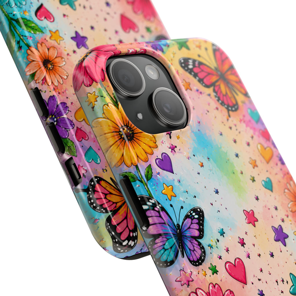 Colorful Butterflies and Flowers Tough Phone Case | Rainbow Hearts Stars