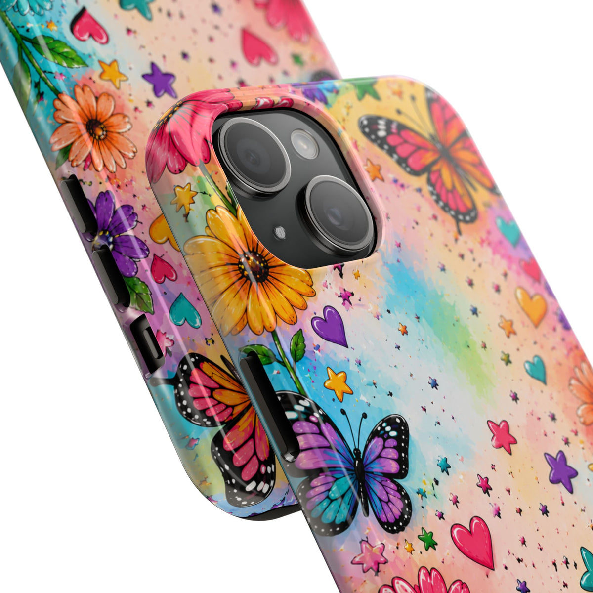 Colorful Butterflies and Flowers Tough Phone Case | Rainbow Hearts Stars