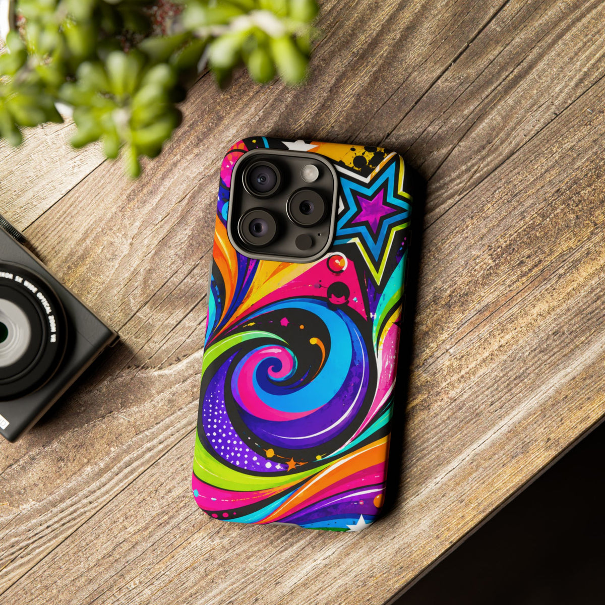 Psychedelic Swirl Phone Case — Bold Retro Stars & Neon Pop Art Tough Case