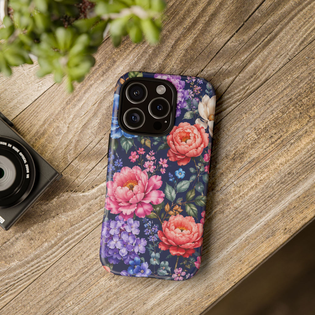 Floral Tough Phone Case – Vibrant Garden Flowers on Navy