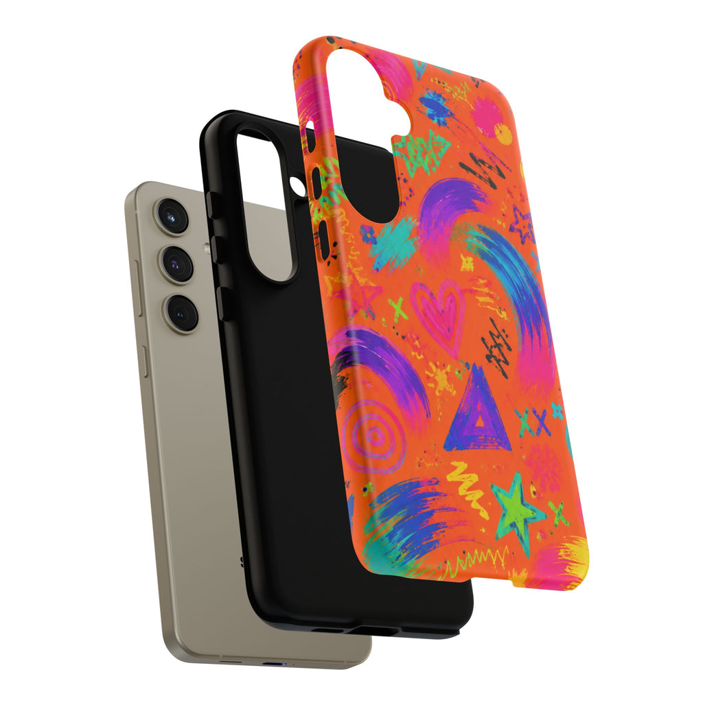 Colorful Neon Doodle Phone Case — Bright Abstract Stars & Hearts Tough Case