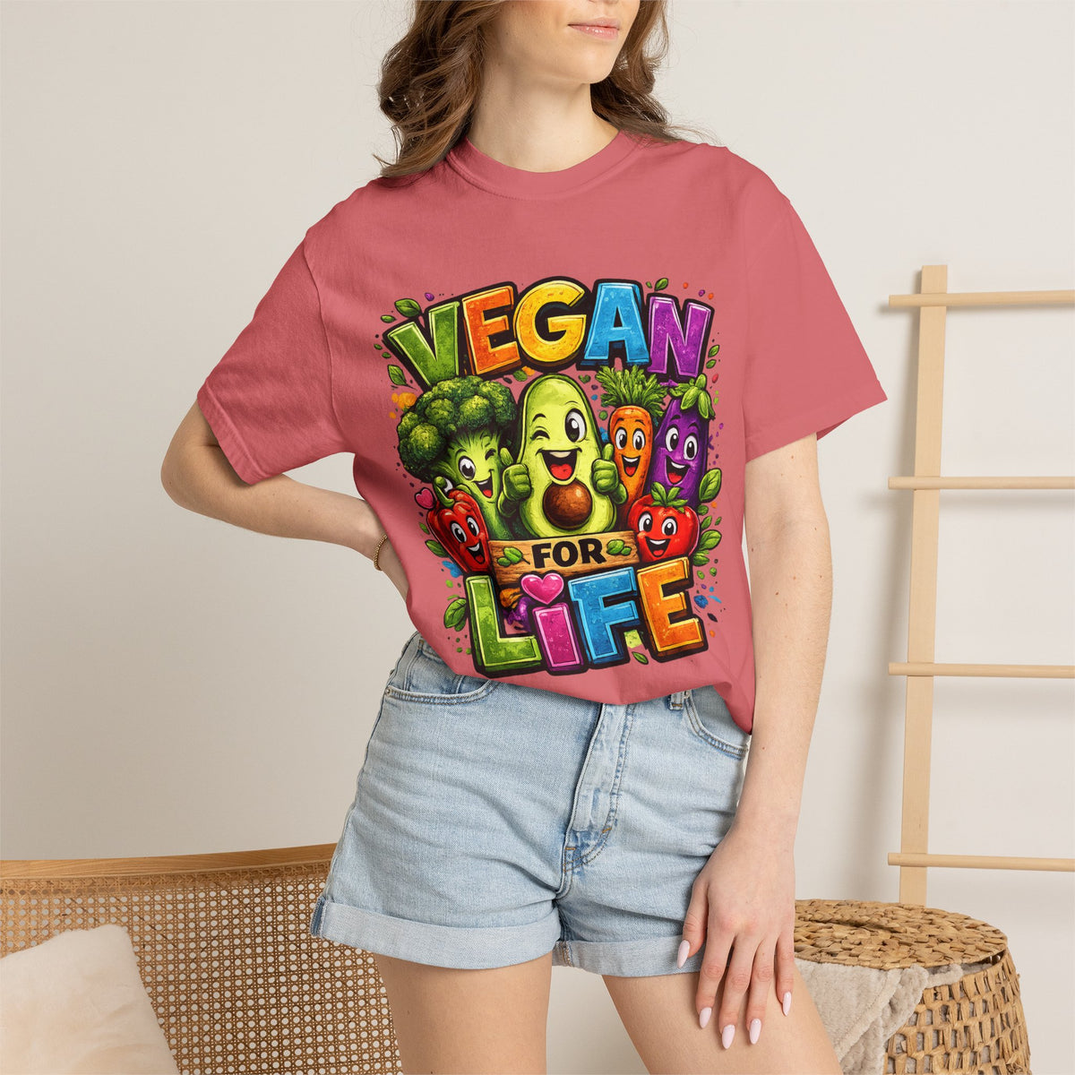 Vegan for Life T-Shirt | Colorful Cartoon Veggies Tee