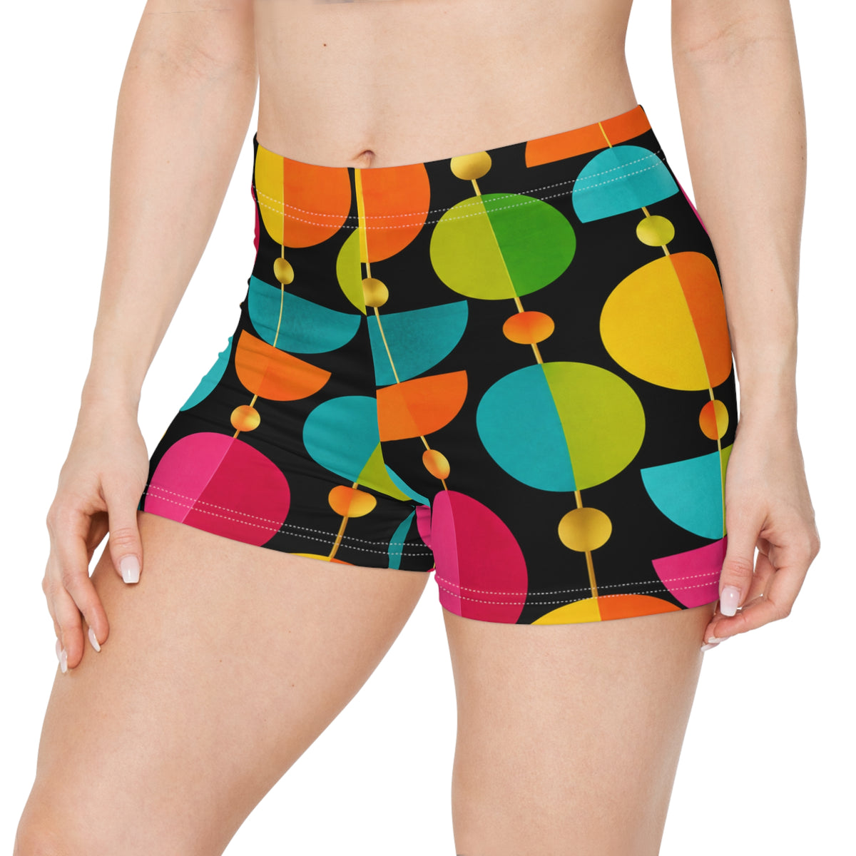 Retro Geometric Women's Shorts — Colorful Mid-Century Circle Print