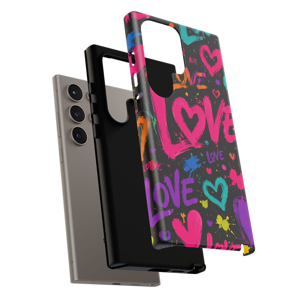 Phone Case — Neon Graffiti "Love" Hearts Protective Tough Case