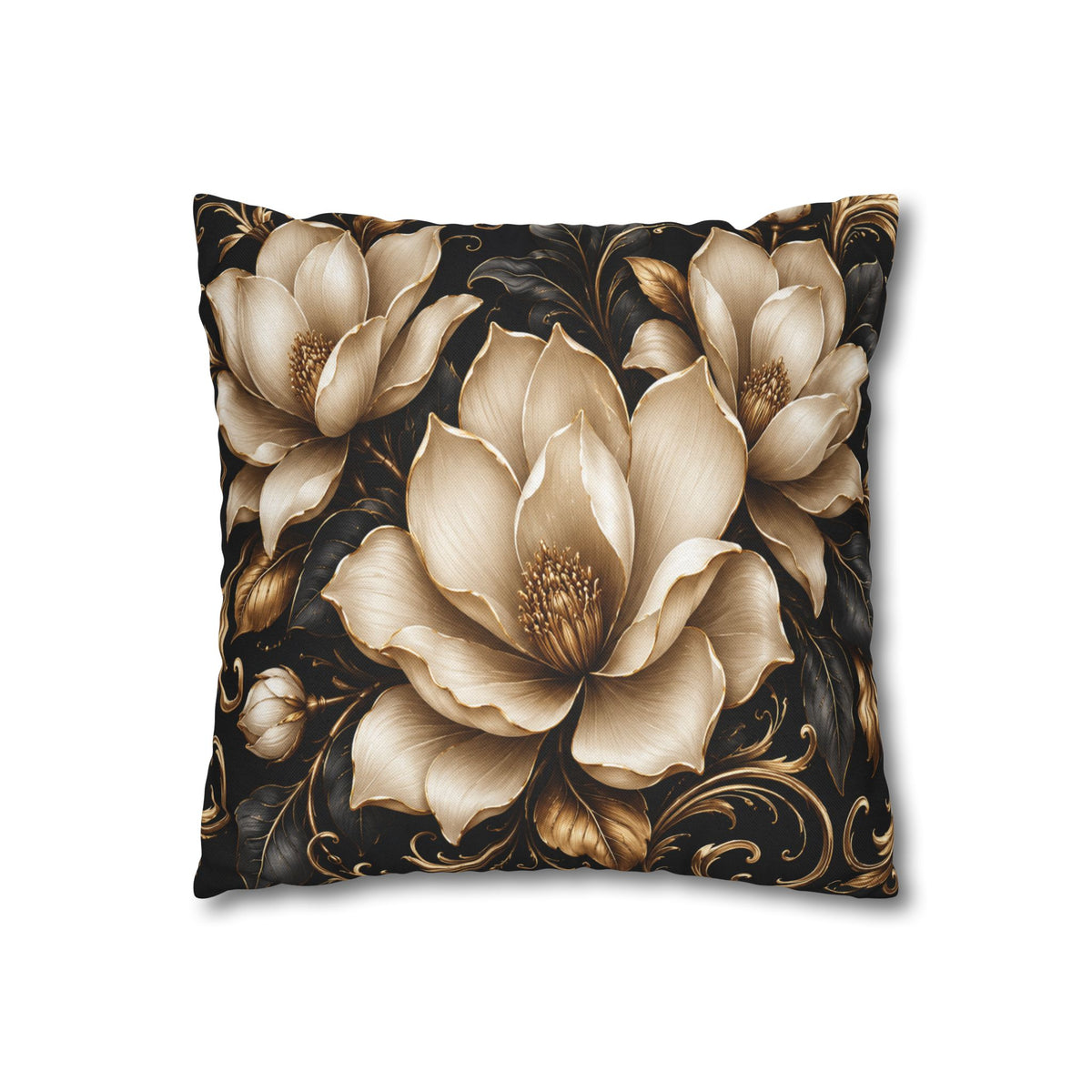 Floral Velvet Magnolia Pillowcase — Elegant Cream Blossoms on Black