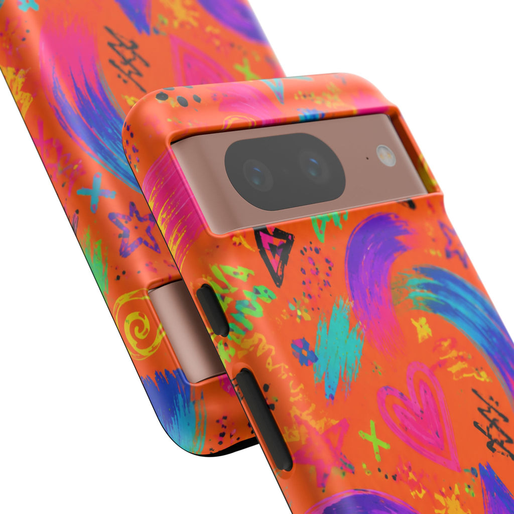Colorful Neon Doodle Phone Case — Bright Abstract Stars & Hearts Tough Case