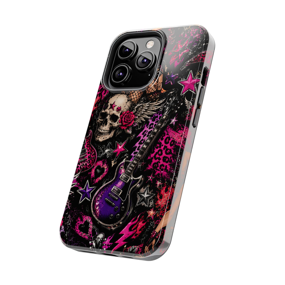 Rock Skull Guitar Phone Case — Edgy Pink Skull & Roses Tough Phone Case