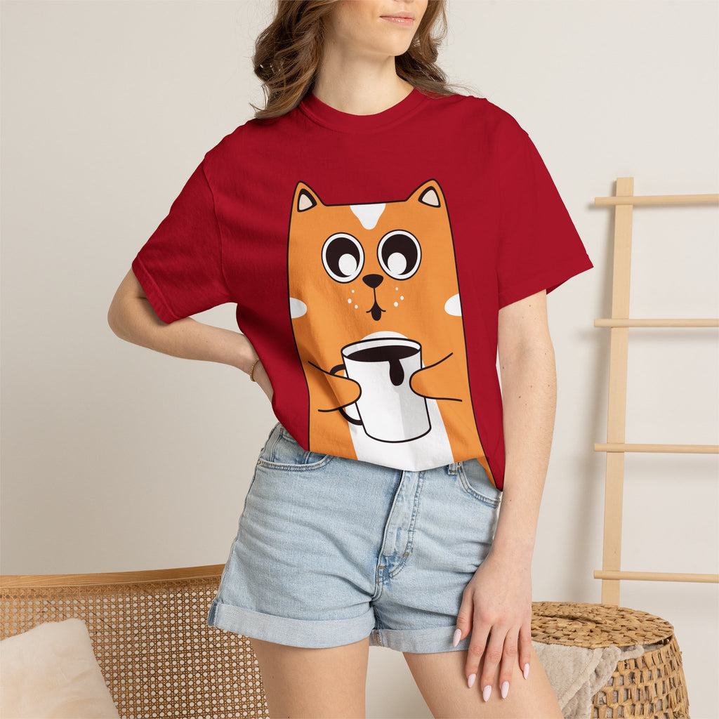 Coffee Cat T-Shirt — Cute Cat Holding Coffee Mug, “My morning doesn’t start until the coffee clocks in” Tee