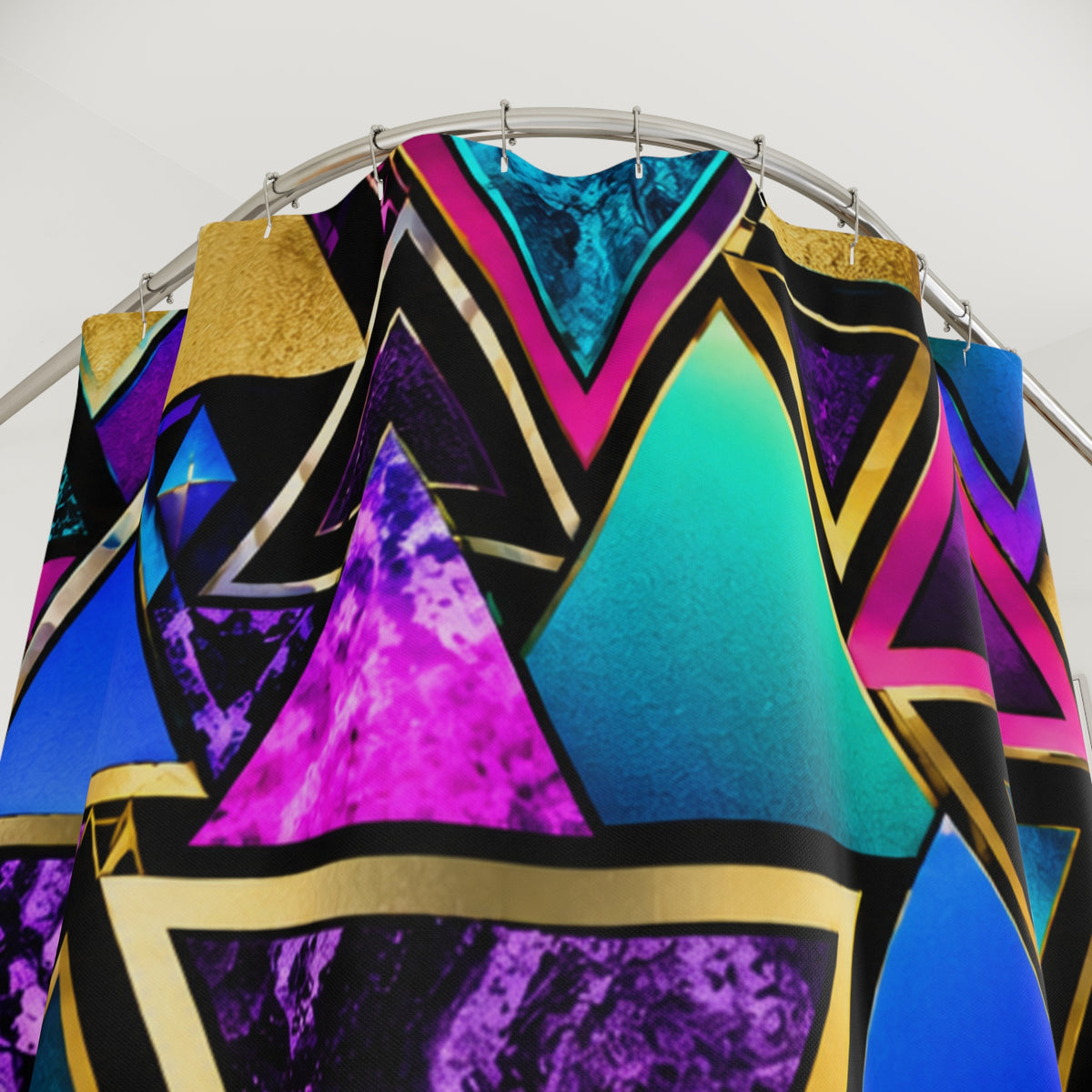 Vibrant Geometric Triangle Shower Curtain — Neon Gold Retro Bathroom Decor