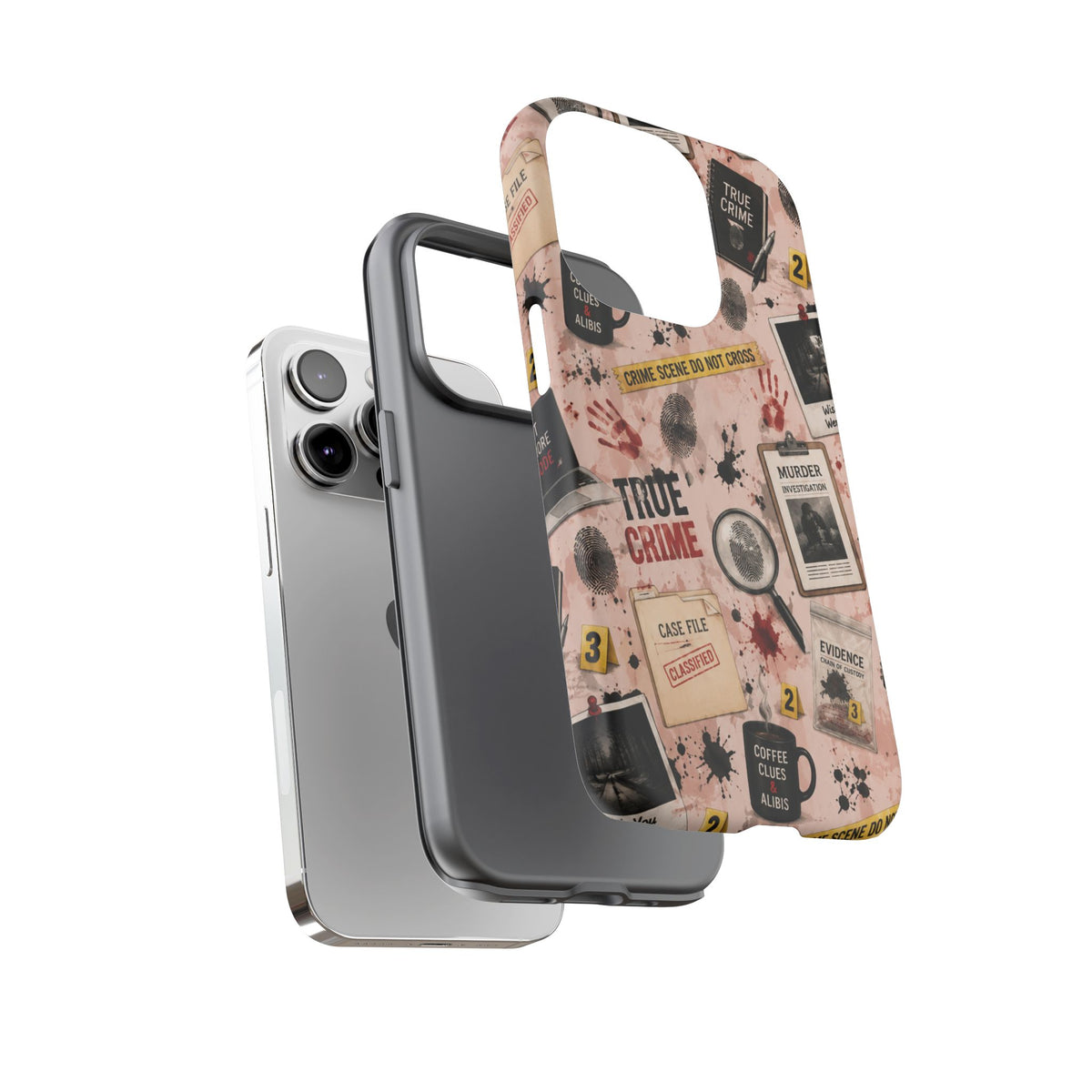 True Crime Pattern Phone Case – Detective Evidence, Crime Scene Tape & 'True Crime' Design