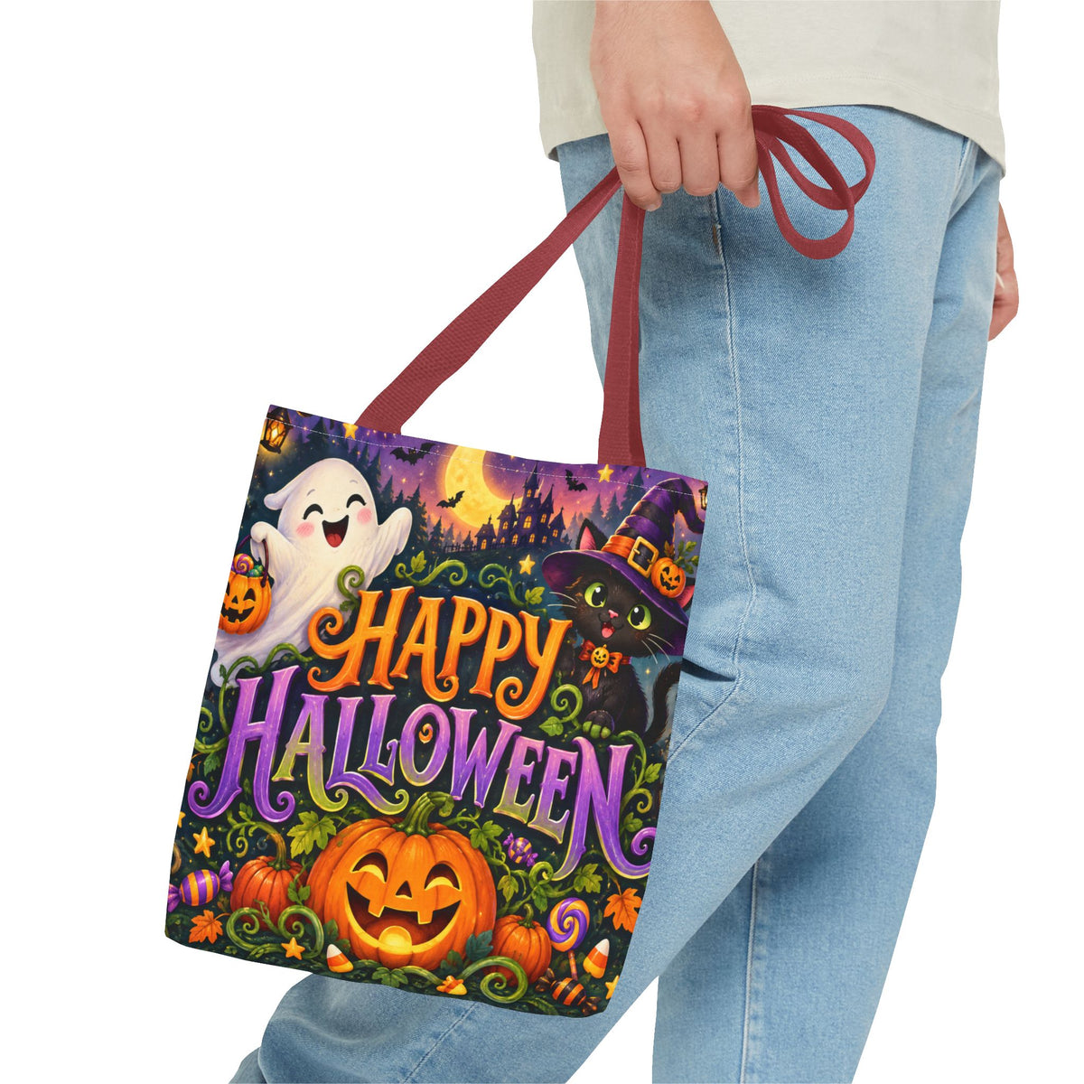 Halloween Tote Bag — Cute Ghost, Black Cat & Pumpkin Trick-or-Treat Candy Bag