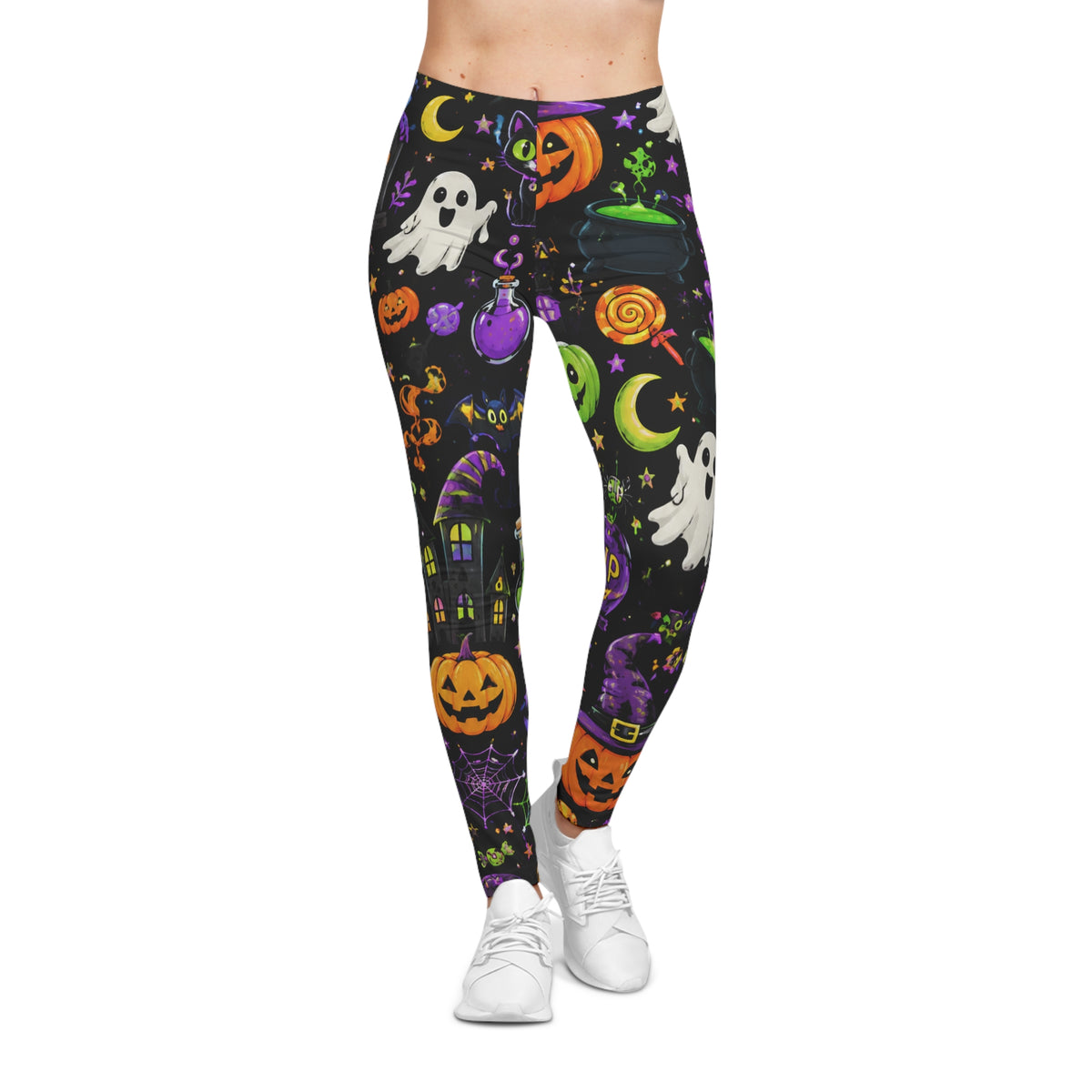 Spooky Halloween Pattern Leggings | Ghosts Pumpkins Cauldron