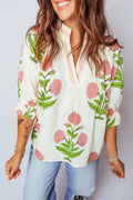 Flower Contrast V-Neck 3/4 Sleeve Blouse