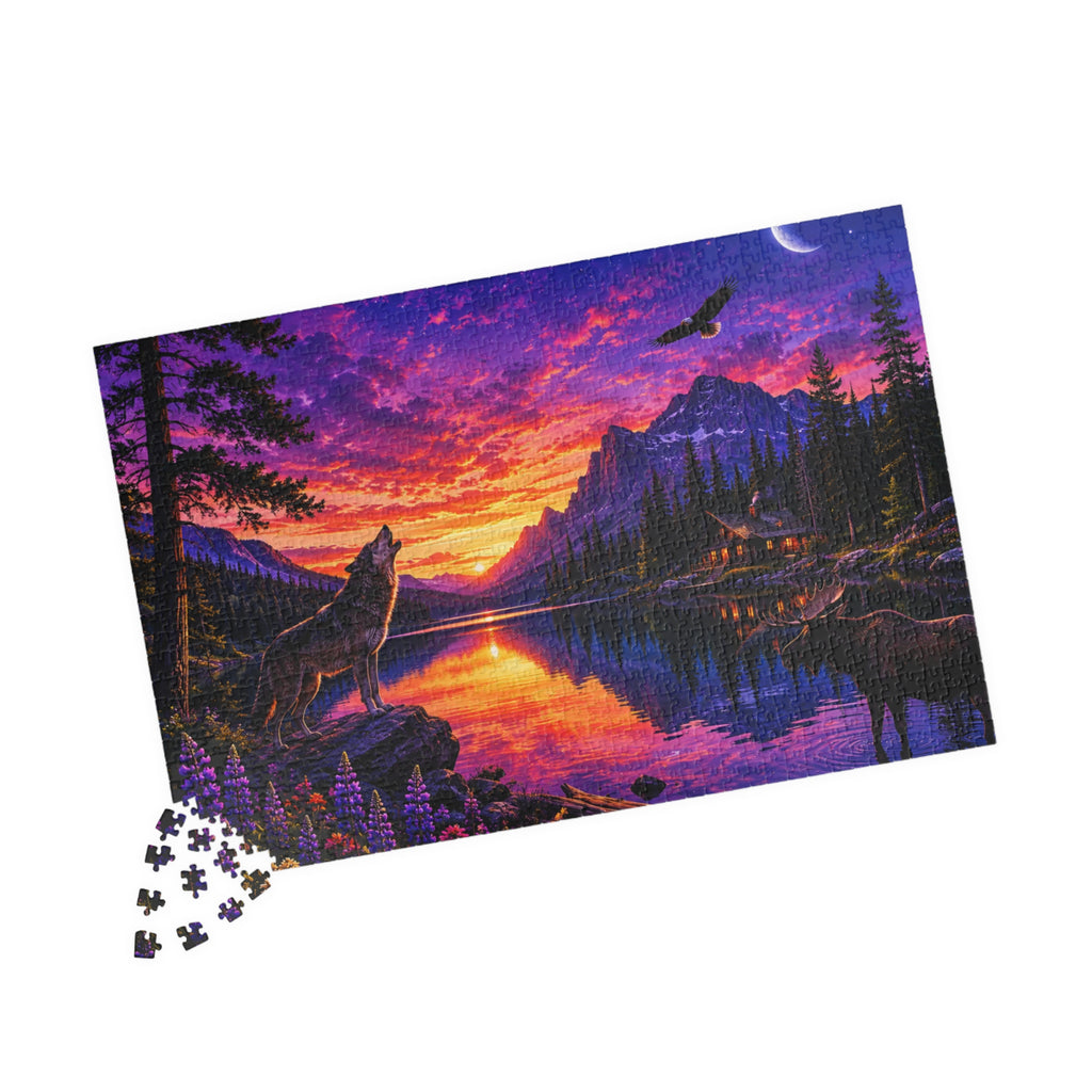 Sunset Wolves Lake Puzzle — Scenic Mountain Landscape Jigsaw (110–1014 pcs)
