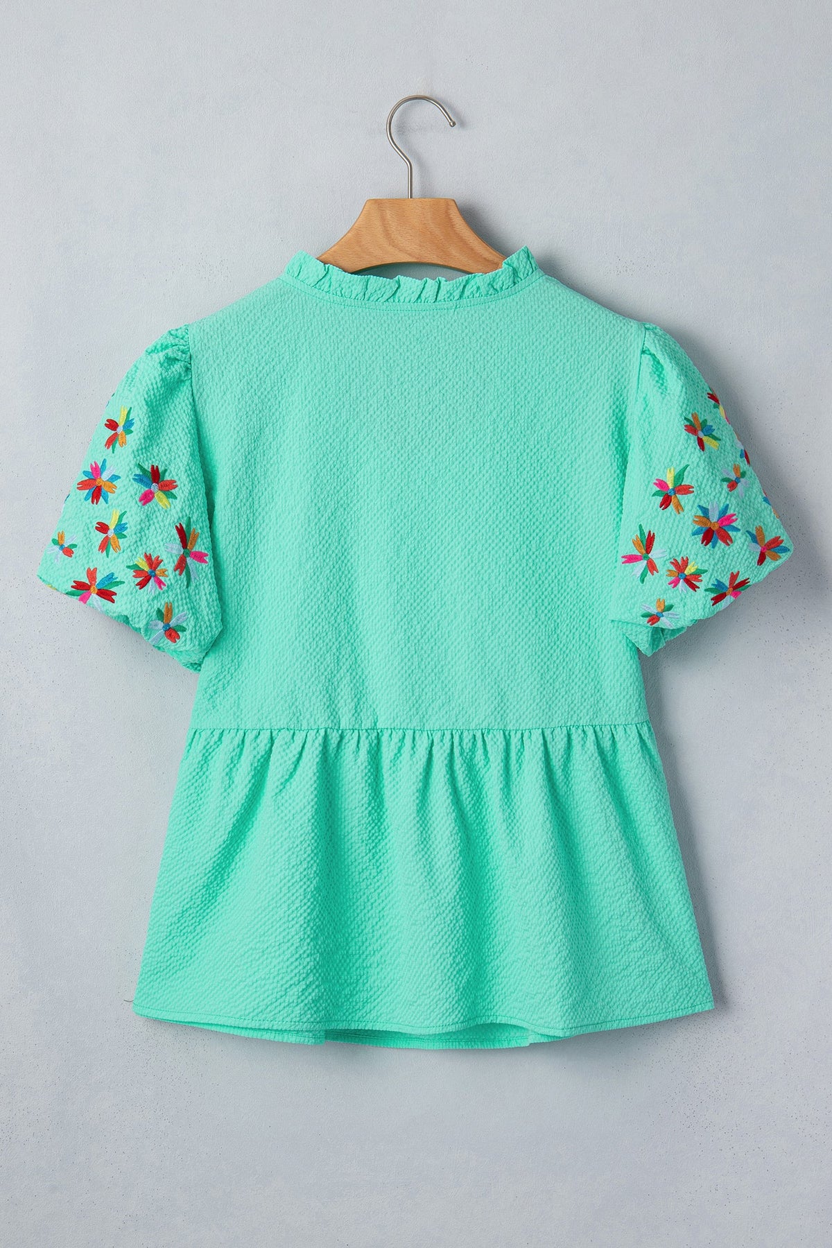 Flower Embroidered Puff Sleeve Frilled V-Neck Blouse
