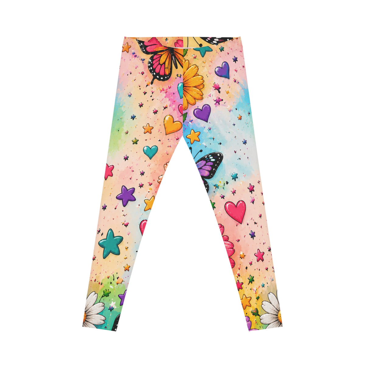 Rainbow Butterfly Hearts Leggings — Colorful Floral All-Over Print Leggings