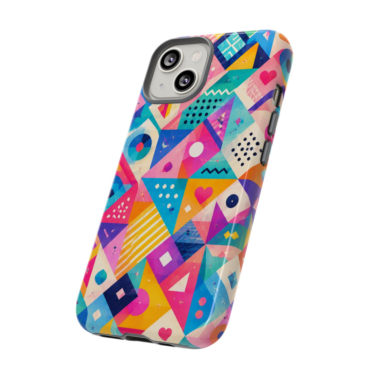 Colorful Geometric Tough Phone Case — Bright Abstract Heart & Triangle Pattern