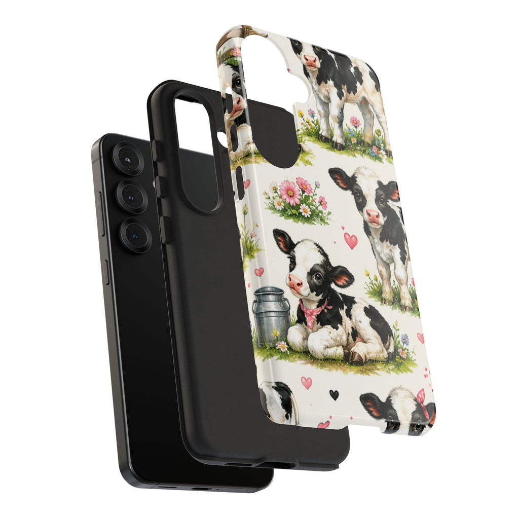 Cute Calf Pattern Phone Case – Pastel Cow Hearts & Flowers Protective Cover