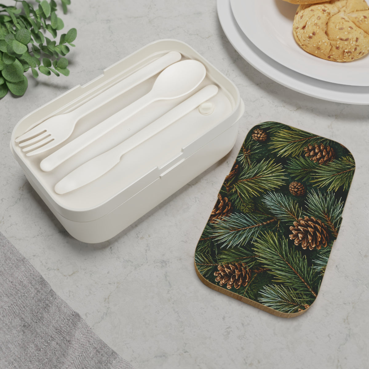 Pinecone Holiday Bento Lunch Box — Evergreen Forest Print