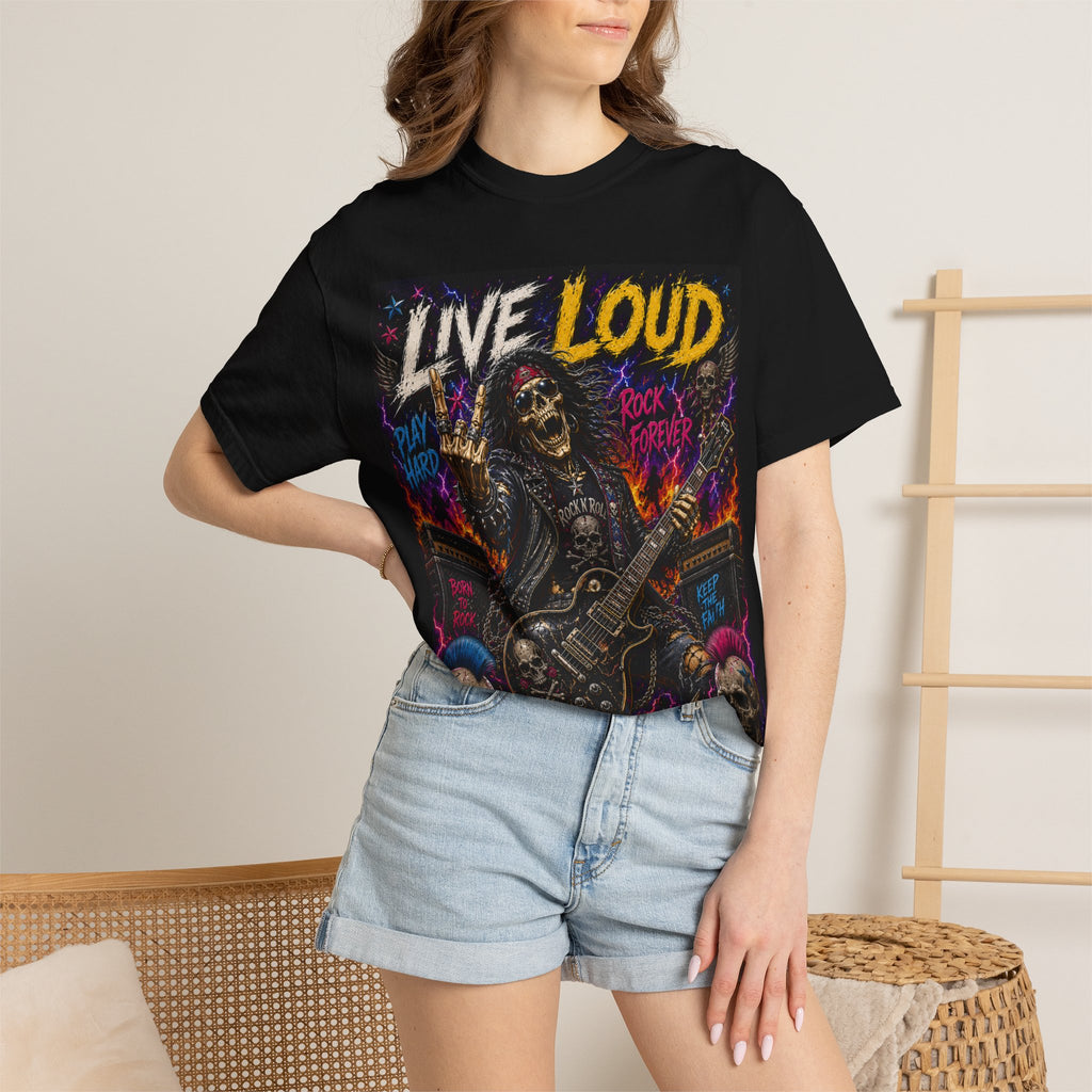Live Loud Rock Guitar Skeleton T-shirt | Heavy Metal Concert Tee