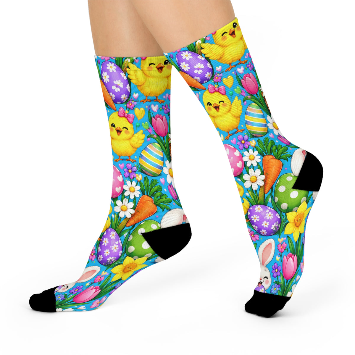Easter Chick & Bunny Cushioned Crew Socks — Colorful Egg, Carrot & Spring Floral Design