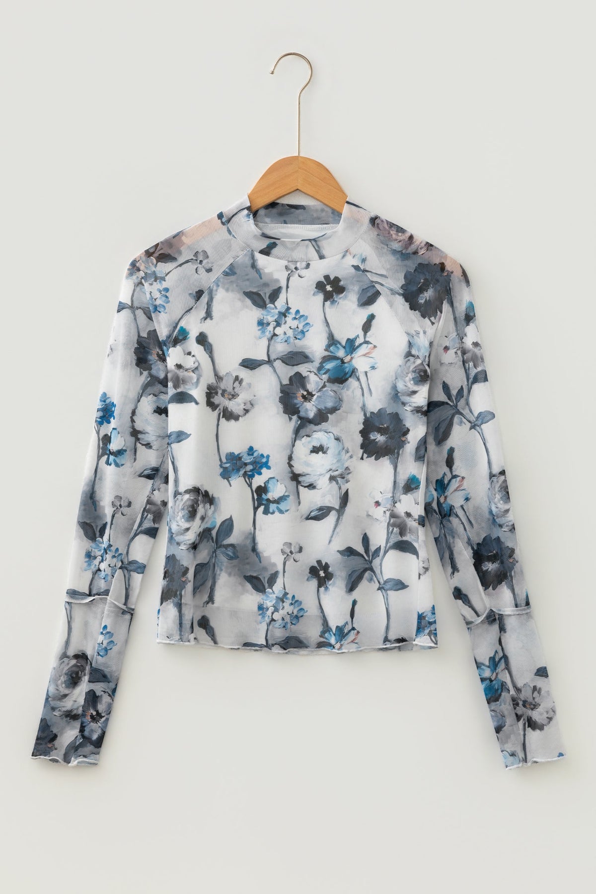 Floral Mesh High Neck Long Sleeve Sheath Top