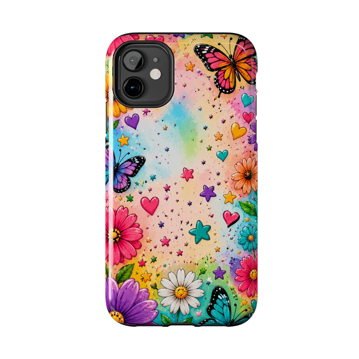 Colorful Butterflies and Flowers Tough Phone Case | Rainbow Hearts Stars