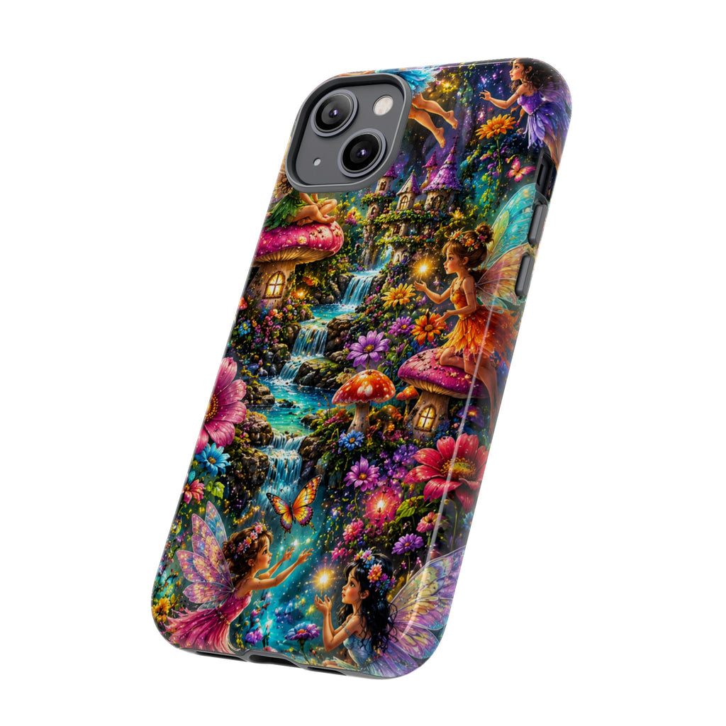 Fairy Garden Tough Phone Case — Whimsical Cottage, Waterfall & Mushroom Artwork
