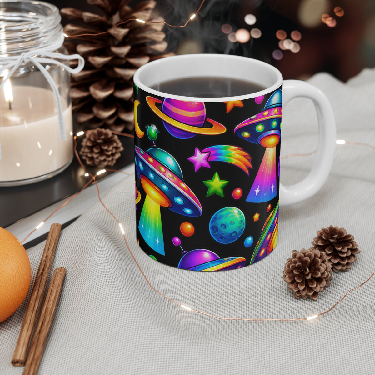 Neon UFOs & Planets Ceramic Mug — 11oz Colorful Space Alien Pattern