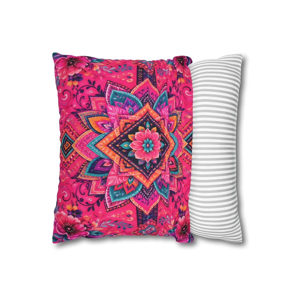 Boho Pink Mandala Pillowcase — Vibrant Floral Decorative Throw Pillow Cover