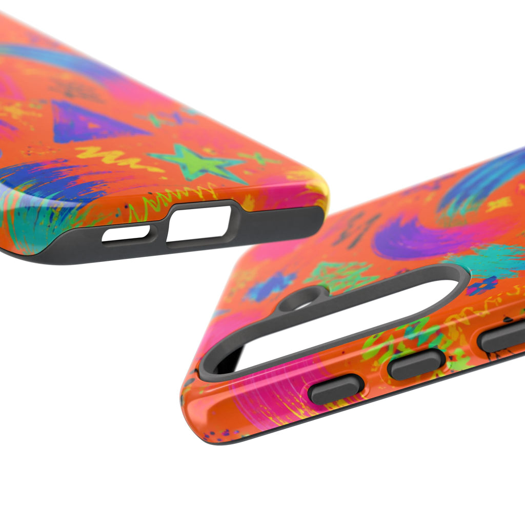 Colorful Neon Doodle Phone Case — Bright Abstract Stars & Hearts Tough Case