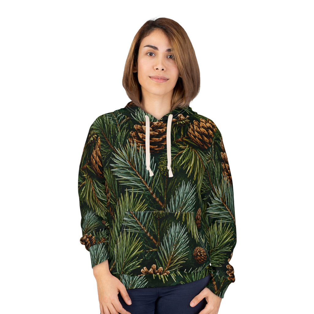 Pinecone Evergreen Pattern Hoodie | Pine Needles Holiday Sweatshirt