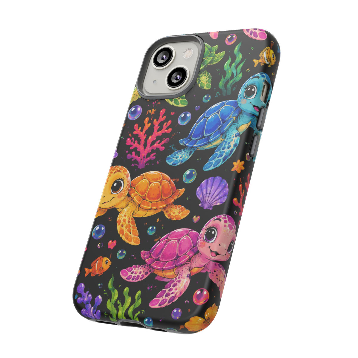 Phone Case — Colorful Cute Sea Turtles on Black (Protective Smartphone Cover)