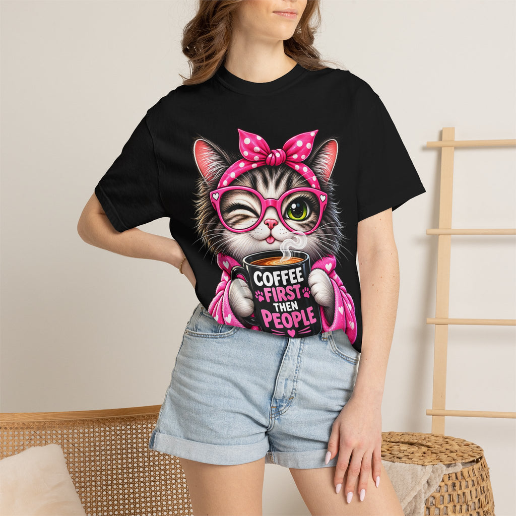 Cat Coffee Tee — "Coffee First Then People" Cute Cat Graphic T-Shirt