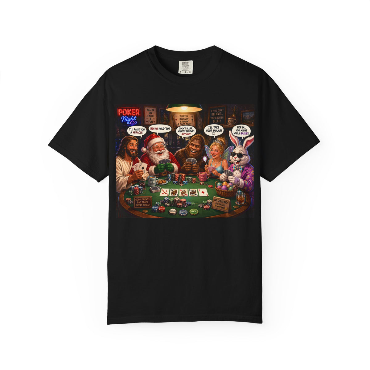 Poker Night Holiday T‑Shirt — Santa, Jesus & Bunny at the Poker Table Graphic Tee