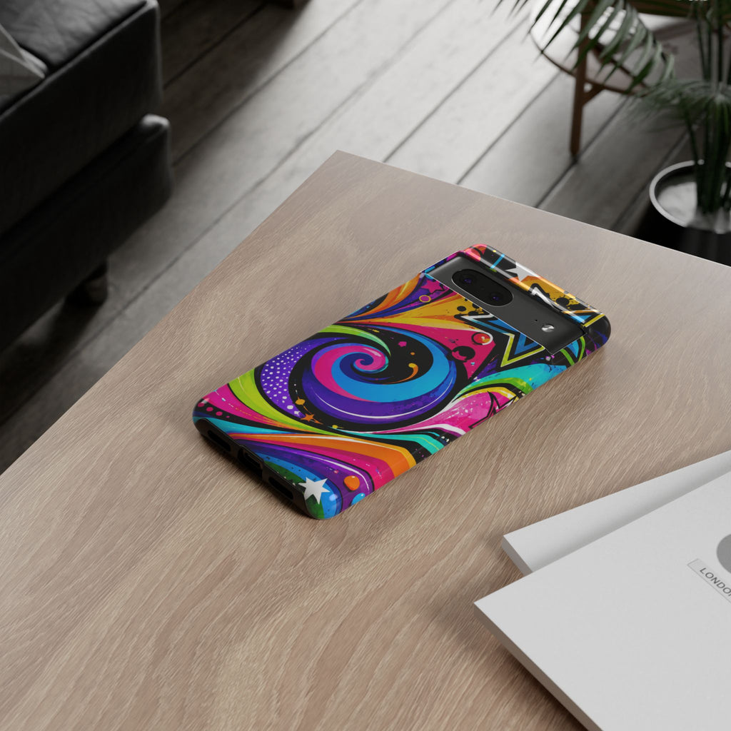 Psychedelic Swirl Phone Case — Bold Retro Stars & Neon Pop Art Tough Case